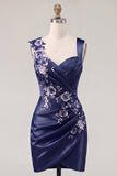 Navy Bodycon Satin Ruched Embroidered Cocktail Dress