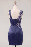Navy Bodycon Satin Ruched Embroidered Cocktail Dress