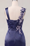 Navy Bodycon Satin Ruched Embroidered Cocktail Dress