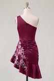 One Shoulder Navy Satin Bodycon Asymmetrical Mini Party Dress