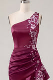 One Shoulder Navy Satin Bodycon Asymmetrical Mini Party Dress