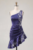 One Shoulder Navy Satin Bodycon Asymmetrical Mini Party Dress