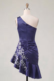 One Shoulder Navy Satin Bodycon Asymmetrical Mini Party Dress