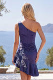 One Shoulder Navy Satin Bodycon Asymmetrical Mini Party Dress