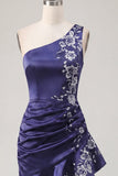 One Shoulder Navy Satin Bodycon Asymmetrical Mini Party Dress
