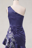 One Shoulder Navy Satin Bodycon Asymmetrical Mini Party Dress