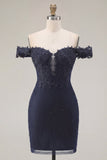 Navy Off the Shoulder Beaded Bodycon Cocktail Dress