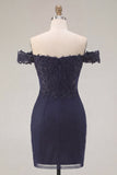 Navy Off the Shoulder Beaded Bodycon Cocktail Dress