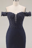 Navy Off the Shoulder Beaded Bodycon Cocktail Dress