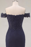 Navy Off the Shoulder Beaded Bodycon Cocktail Dress