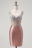 Blush Bodycon Sheer Corset Mini Party Dress with Rhinestones