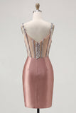 Blush Bodycon Sheer Corset Mini Party Dress with Rhinestones