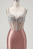 Blush Bodycon Sheer Corset Mini Party Dress with Rhinestones