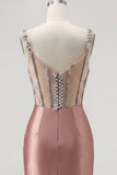 Blush Bodycon Sheer Corset Mini Party Dress with Rhinestones