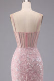 Sparkly Dark Green Sheer Corset Bodycon Sequin Cocktail Dress