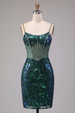 Sparkly Dark Green Sheer Corset Bodycon Sequin Cocktail Dress