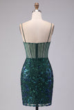 Sparkly Dark Green Sheer Corset Bodycon Sequin Cocktail Dress