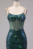 Sparkly Dark Green Sheer Corset Bodycon Sequin Cocktail Dress