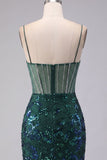 Sparkly Dark Green Sheer Corset Bodycon Sequin Cocktail Dress
