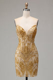 Sparkly Golden Beaded Sweetheart Bodycon Mini Cocktail Dress