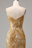 Sparkly Golden Beaded Sweetheart Bodycon Mini Cocktail Dress