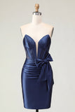 Sweetheart Navy Bodycon Corset Satin Cocktail Dress with Bow