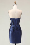 Sweetheart Navy Bodycon Corset Satin Cocktail Dress with Bow