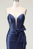 Sweetheart Navy Bodycon Corset Satin Cocktail Dress with Bow