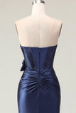 Sweetheart Navy Bodycon Corset Satin Cocktail Dress with Bow