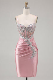 Blush Bodycon Corset Ruched Cocktail Dress with Rhinestones