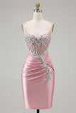 Blush Bodycon Corset Ruched Cocktail Dress with Rhinestones