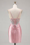 Blush Bodycon Corset Ruched Cocktail Dress with Rhinestones