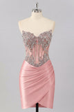 Sweetheart Blush Bodycon Corset Ruched Cocktail Dress with Rhinestones