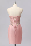 Sweetheart Blush Bodycon Corset Ruched Cocktail Dress with Rhinestones