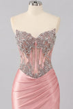 Sweetheart Blush Bodycon Corset Ruched Cocktail Dress with Rhinestones
