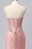 Sweetheart Blush Bodycon Corset Ruched Cocktail Dress with Rhinestones