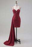 Burgundy Bodycon Corset Ruched Beaded Cocktail Dress with Side Cape