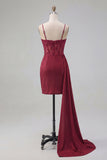 Burgundy Bodycon Corset Ruched Beaded Cocktail Dress with Side Cape