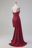 Burgundy Bodycon Corset Ruched Beaded Cocktail Dress with Side Cape