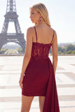 Burgundy Bodycon Corset Ruched Beaded Cocktail Dress with Side Cape