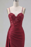 Burgundy Bodycon Corset Ruched Beaded Cocktail Dress with Side Cape