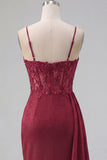 Burgundy Bodycon Corset Ruched Beaded Cocktail Dress with Side Cape