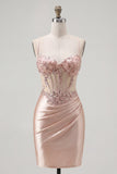 Champagne Sheer Corset Bodycon Ruched Beaded Cocktail Dress