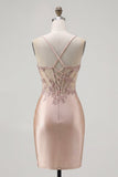 Champagne Sheer Corset Bodycon Ruched Beaded Cocktail Dress