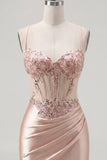 Champagne Sheer Corset Bodycon Ruched Beaded Cocktail Dress