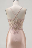 Champagne Sheer Corset Bodycon Ruched Beaded Cocktail Dress