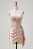 Champagne Bodycon Corset Beaded Cocktail Dress with Sash
