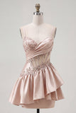 Champagne A-Line Corset Ruched Cocktail Dress with Beading