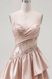 Champagne A-Line Corset Ruched Cocktail Dress with Beading