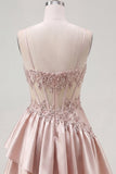 Champagne A-Line Corset Ruched Cocktail Dress with Beading